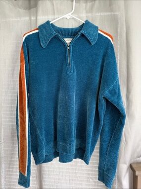 Urban Outfitters Teal Half-Zip Sweater with Orange & White Shoulder Stripes